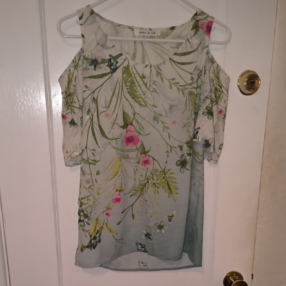 Rose & Olive | Green and Pink Floral Cold Shoulder Blouse